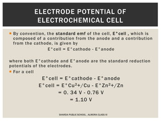  By convention, the standard emf of the cell, E°cell , which is
composed of a contribution from the anode and a contribution
from the cathode, is given by
E°cell = E°cathode - E°anode
where both E°cathode and E°anode are the standard reduction
potentials of the electrodes.
 For a cell
E°cell = E°cathode - E°anode
E°cell = E°Cu2+/Cu - E°Zn2+/Zn
= 0. 34 V - 0.76 V
= 1.10 V
SHARDA PUBLIC SCHOOL , ALMORA CLASS XI
ELECTRODE POTENTIAL OF
ELECTROCHEMICAL CELL
 