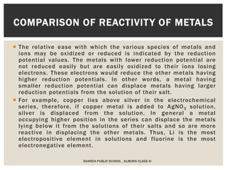  The relative ease with which the various species of metals and
ions may be oxidized or reduced is indicated by the reduction
potential values. The metals with lower reduction potential are
not reduced easily but are easily oxidized to their ions losing
electrons. These electrons would reduce the other metals having
higher reduction potentials. In other words, a metal having
smaller reduction potential can displace metals having larger
reduction potentials from the solution of their salt.
 For example, copper lies above silver in the electrochemical
series, therefore, if copper metal is added to AgNO3 solution,
silver is displaced from the solution. In general a metal
occupying higher position in the series can displace the metals
lying below it from the solutions of their salts and so are more
reactive in displacing the other metals. Thus, Li is the most
electropositive element in solutions and fluorine is the most
electronegative element.
SHARDA PUBLIC SCHOOL , ALMORA CLASS XI
COMPARISON OF REACTIVITY OF METALS
 