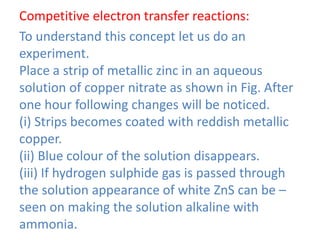 Competitive electron transfer reactions:
To understand this concept let us do an
experiment.
Place a strip of metallic zinc in an aqueous
solution of copper nitrate as shown in Fig. After
one hour following changes will be noticed.
(i) Strips becomes coated with reddish metallic
copper.
(ii) Blue colour of the solution disappears.
(iii) If hydrogen sulphide gas is passed through
the solution appearance of white ZnS can be –
seen on making the solution alkaline with
ammonia.
 