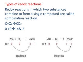 Types of redox reactions:
Redox reactions in which two substances
combine to form a single compound are called
combination reaction.
C+O2CO2
0 +0+4&-2
 