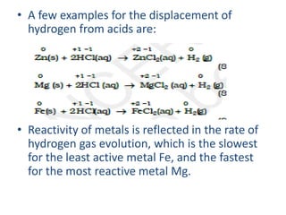 • A few examples for the displacement of
hydrogen from acids are:
• Reactivity of metals is reflected in the rate of
hydrogen gas evolution, which is the slowest
for the least active metal Fe, and the fastest
for the most reactive metal Mg.
 