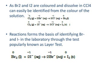 • As Br2 and I2 are coloured and dissolve in CCl4
can easily be identified from the colour of the
solution.
• Reactions forms the basis of identifying Br-
and I- in the laboratory through the test
popularly known as Layer Test.
 