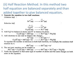 (ii) Half Reaction Method. In this method two
half equation are balanced separately and than
added together to give balanced equation.
 