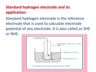 Standard hydrogen electrode and its
application:
Standard hydrogen electrode is the reference
electrode that is used to calculate electrode
potential of any electrode. It is also called as SHE
or NHE.
 
