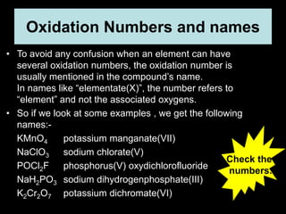 Oxidation Numbers and names
• To avoid any confusion when an element can have
several oxidation numbers, the oxidation number is
usually mentioned in the compound’s name.
In names like “elementate(X)”, the number refers to
“element” and not the associated oxygens.
• So if we look at some examples , we get the following
names:-
KMnO4 potassium manganate(VII)
NaClO3 sodium chlorate(V)
POCl2F phosphorus(V) oxydichlorofluoride
NaH2PO3 sodium dihydrogenphosphate(III)
K2Cr2O7 potassium dichromate(VI)
Check the
numbers.
 