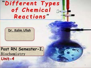“Different Types
of Chemical
Reactions”
Dr. Kalim Ullah
Post RN Semester-I,
Biochemistry
Unit-4
1
10-02-2024
 