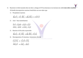 2) Reactions in which reactants does not show a change in O.N (no decrease or no increase) are called non-redox reactions
All double decomposition reactions listed below are non redox type
1) Precipitation reactions
2 1 1 6 2 2 6 2 1 1
2 2 4 4 2
BaCl H SO Ba SO H Cl
+ − + + − + + − + −
+ →  +
2) Acid – base neutralisations
1 1 1 1 1 1 1 2
2
3 3 2
H Cl NaOH NaCl H O
HNO KOH KNO H O
+ − + − + − + −
+ → +
+ → +
3) Reaction of dil acids on peroxides
2 1 1 6 2 2 6 2 1 1
2 2 4 4 2 2
BaO H SO Ba SO H O
+ − + + − + + − + −
+ → +
4) Decomposition of Limestone, Ammonium chloride
4
2
4 2
2 2 2
3 2
3 1 1 3 1 1 1
4 3
CaCO CaO CO
NH Cl NH HCl
+
−
+ −
+ + −
− − − − + + −
→ +
→ +
 
