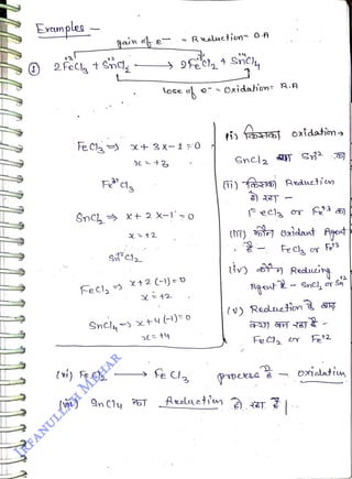 Exumples -
<br>
+2
<br>
qaun e
<br>
2Felg t Sny
<br>
SnCl x+ 2 X-)=o
<br>
Fecl, X+2 (-)
= D
<br>
(vi) Fe cl
<br>
Sncl, - x+4)-o
<br>
(ýi) n
Cly bT
<br>
fe
<br>
t4
<br>
(i) fH) Reduetien
<br>
(hm) bxdaut rget
<br>
Fe Cla s Fe
<br>
Fet2
<br>
42
<br>
oXjalatiu
<br>
 