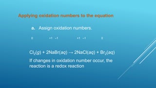Applying oxidation numbers to the equation
a. Assign oxidation numbers.
0 +1 –1 +1 –1 0
Cl2(g) + 2NaBr(aq) → 2NaCl(aq) + Br2(aq)
If changes in oxidation number occur, the
reaction is a redox reaction
 