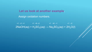 Let us look at another example.
Assign oxidation numbers.
+1 –2 +1 +1 +6 –2 +1 +6 –1 +1 –2
2NaOH(aq) + H2SO4(aq) → Na2SO4(aq) + 2H2O(l)
 