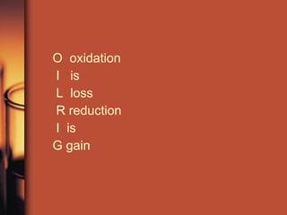 O  oxidation I  is  L  loss R reduction  I  is G gain 