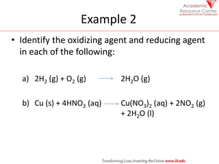 Example 2
• Identify the oxidizing agent and reducing agent
in each of the following:
a) 2H2 (g) + O2 (g) 2H2O (g)
b) Cu (s) + 4HNO3 (aq) Cu(NO3)2 (aq) + 2NO2 (g)
+ 2H2O (l)
 