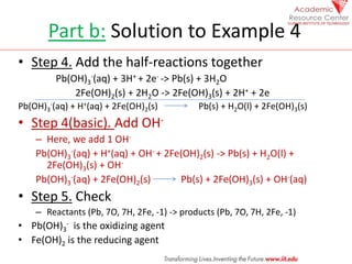 Part b: Solution to Example 4
• Step 4. Add the half-reactions together
Pb(OH)3
-(aq) + 3H+ + 2e- -> Pb(s) + 3H2O
2Fe(OH)2(s) + 2H2O -> 2Fe(OH)3(s) + 2H+ + 2e
Pb(OH)3
-(aq) + H+(aq) + 2Fe(OH)2(s) Pb(s) + H2O(l) + 2Fe(OH)3(s)
• Step 4(basic). Add OH-
– Here, we add 1 OH-
Pb(OH)3
-(aq) + H+(aq) + OH- + 2Fe(OH)2(s) -> Pb(s) + H2O(l) +
2Fe(OH)3(s) + OH-
Pb(OH)3
-(aq) + 2Fe(OH)2(s) Pb(s) + 2Fe(OH)3(s) + OH-(aq)
• Step 5. Check
– Reactants (Pb, 7O, 7H, 2Fe, -1) -> products (Pb, 7O, 7H, 2Fe, -1)
• Pb(OH)3
- is the oxidizing agent
• Fe(OH)2 is the reducing agent
 