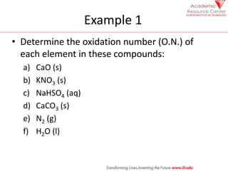 Example 1
• Determine the oxidation number (O.N.) of
each element in these compounds:
a) CaO (s)
b) KNO3 (s)
c) NaHSO4 (aq)
d) CaCO3 (s)
e) N2 (g)
f) H2O (l)
 