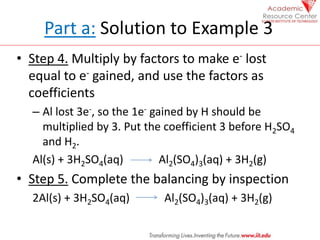 Part a: Solution to Example 3
• Step 4. Multiply by factors to make e- lost
equal to e- gained, and use the factors as
coe...