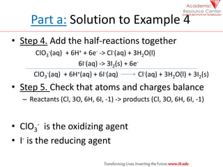 Part a: Solution to Example 4
• Step 4. Add the half-reactions together
ClO3
-(aq) + 6H+ + 6e- -> Cl-(aq) + 3H2O(l)
6I-(aq...
