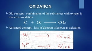 OXIDATION
 Old concept - combination of the substances with oxygen is
termed as oxidation
C + O2 CO2
 Advanced concept - loss of electron is known as oxidation
 