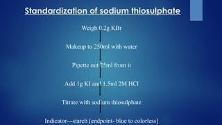 Standardization of sodium thiosulphate
Weigh 0.2g KBr
Makeup to 250ml with water
Pipette out 25ml from it
Add 1g KI and 1.5ml 2M HCl
Titrate with sodium thiosulphate
Indicator---starch [endpoint- blue to colorless]
 