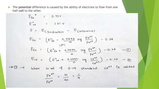  The potential difference is caused by the ability of electrons to flow from one
half cell to the other.
 