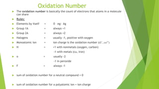Oxidation Number
 The oxidation number is basically the count of electrons that atoms in a molecule
can share
 Rules:
 Elements by itself = 0 eg: Ag
 Group 1A = always +1
 Group 2A = always +2
 Halogens = usually -1, positive with oxygen
 Monoatomic ion = ion charge is the oxidation number (cl⁻, cu²⁺)
 H = +1 with nonmetals (oxygen, carbon)
-1 with metals (cu, iron)
 o = usually -2
-1 in peroxide
 F = always -1
 sum of oxidation number for a neutral compound = 0
 sum of oxidation number for a polyatomic ion = ion charge
 
