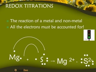 REDOX TITRATIONS

   The reaction of a metal and non-metal
   All the electrons must be accounted for!




    Mg      +       S              2+ +     2-
                         →   Mg            S
 