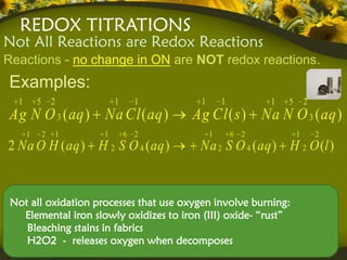 REDOX TITRATIONS
Not All Reactions are Redox Reactions
Reactions - no change in ON are NOT redox reactions.
Examples:
  1       5       2       1     1        1       1         1   5       2
Ag N O 3 ( aq ) Na Cl ( aq )            Ag Cl ( s ) Na N O 3 ( aq )
      1       2   1   1       6 2            1       6 2           1       2
2 Na O H ( aq ) H 2 S O 4 ( aq )         Na 2 S O 4 ( aq ) H 2 O (l )


 Not all oxidation processes that use oxygen involve burning:
   Elemental iron slowly oxidizes to iron (III) oxide- “rust”
    Bleaching stains in fabrics
    H2O2 - releases oxygen when decomposes
 