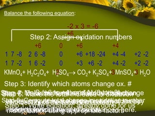 Balance the following equation:

                        -2 x 3 = -6
                        +6 oxidation numbers
            Step 2: Assign
          +6       0               +6         +4
 1 7 -8 2 6 -8     0               +6 +18 -24 +4 -4 +2 -2
 1 7 -2 1 6 -2     0               +3 +6 -2 +4 -2 +2 -2
 KMnO4+ H2C2O4+ H2SO4
                 2                 CO2+ K2SO4+3 MnSO4+ H2O
                                                     3
 Step 3: Identify which atoms change ox. #
Step 4: Make (+6 the+4)increaseby oxidation
Step 6: Make the to remainder(0 tothat change
     7: Balance number of Al in inspection.
            S the total and atoms +3)
Step 5: Compute thethe same inhaveby sides by
 oxidationequal total change on both already
   Note: only compoundsdecrease not number
                           that oxidation
  number number total already done for us
 Step 1: Write equation:
 inserting temporary coefficients factors
   been balanced need to be balanced here.
  multiplication using appropriate
 