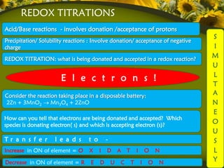 REDOX TITRATIONS
Acid/Base reactions - involves donation /acceptance of protons
                                                                                 S
Precipitation/ Solubility reactions : Involve donation/ acceptance of negative
charge                                                                           I
REDOX TITRATION: what is being donated and accepted in a redox reaction?
                                                                                 M
                                                                                 U
                                                                                 L
                       E l e c t r o n s !
                                                                                 T
Consider the reaction taking place in a disposable battery:                      A
2Zn + 3MnO2        Mn3O4 + 2ZnO                                                  N
                                                                                 E
How can you tell that electrons are being donated and accepted? Which
species is donating electron( s) and which is accepting electron (s)?
                                                                                 O
                                                                                 U
Tr a n s f e r       l e a d s     t o       -                                   S
Increase in ON of element = O      X     I   D       A   T       I       O   N   L
Decrease in ON of element = R       E    D       U   C       T       I   O   N
                                                                                 Y
 