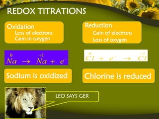 REDOX TITRATIONS
Oxidation                       Reduction
  Loss of electrons                  Gain of electrons
  Gain in oxygen                     Loss of oxygen

                                 0                        1
                                Cl          e            Cl

Sodium is oxidized              Chlorine is reduced

                      LEO SAYS GER
 