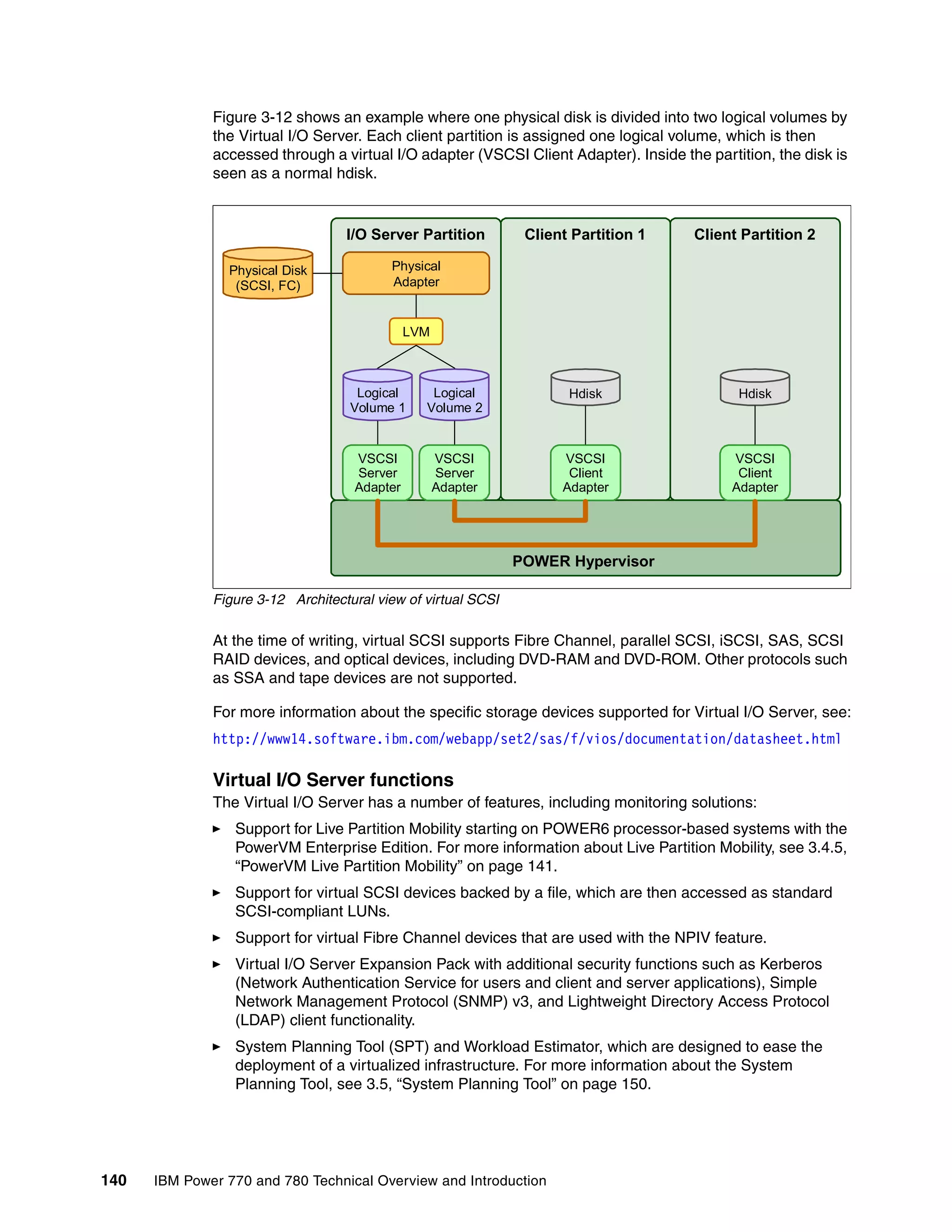140 IBM Power 770 and 780 Technical Overview and Introduction
Figure 3-12 shows an example where one physical disk is divided into two logical volumes by
the Virtual I/O Server. Each client partition is assigned one logical volume, which is then
accessed through a virtual I/O adapter (VSCSI Client Adapter). Inside the partition, the disk is
seen as a normal hdisk.
Figure 3-12 Architectural view of virtual SCSI
At the time of writing, virtual SCSI supports Fibre Channel, parallel SCSI, iSCSI, SAS, SCSI
RAID devices, and optical devices, including DVD-RAM and DVD-ROM. Other protocols such
as SSA and tape devices are not supported.
For more information about the specific storage devices supported for Virtual I/O Server, see:
http://www14.software.ibm.com/webapp/set2/sas/f/vios/documentation/datasheet.html
Virtual I/O Server functions
The Virtual I/O Server has a number of features, including monitoring solutions:
Support for Live Partition Mobility starting on POWER6 processor-based systems with the
PowerVM Enterprise Edition. For more information about Live Partition Mobility, see 3.4.5,
“PowerVM Live Partition Mobility” on page 141.
Support for virtual SCSI devices backed by a file, which are then accessed as standard
SCSI-compliant LUNs.
Support for virtual Fibre Channel devices that are used with the NPIV feature.
Virtual I/O Server Expansion Pack with additional security functions such as Kerberos
(Network Authentication Service for users and client and server applications), Simple
Network Management Protocol (SNMP) v3, and Lightweight Directory Access Protocol
(LDAP) client functionality.
System Planning Tool (SPT) and Workload Estimator, which are designed to ease the
deployment of a virtualized infrastructure. For more information about the System
Planning Tool, see 3.5, “System Planning Tool” on page 150.
Client Partition 1 Client Partition 2I/O Server Partition
POWER Hypervisor
LVM
Physical
Adapter
Hdisk HdiskLogical
Volume 1
Logical
Volume 2
VSCSI
Server
Adapter
VSCSI
Client
Adapter
VSCSI
Client
Adapter
Physical Disk
(SCSI, FC)
VSCSI
Server
Adapter
 
