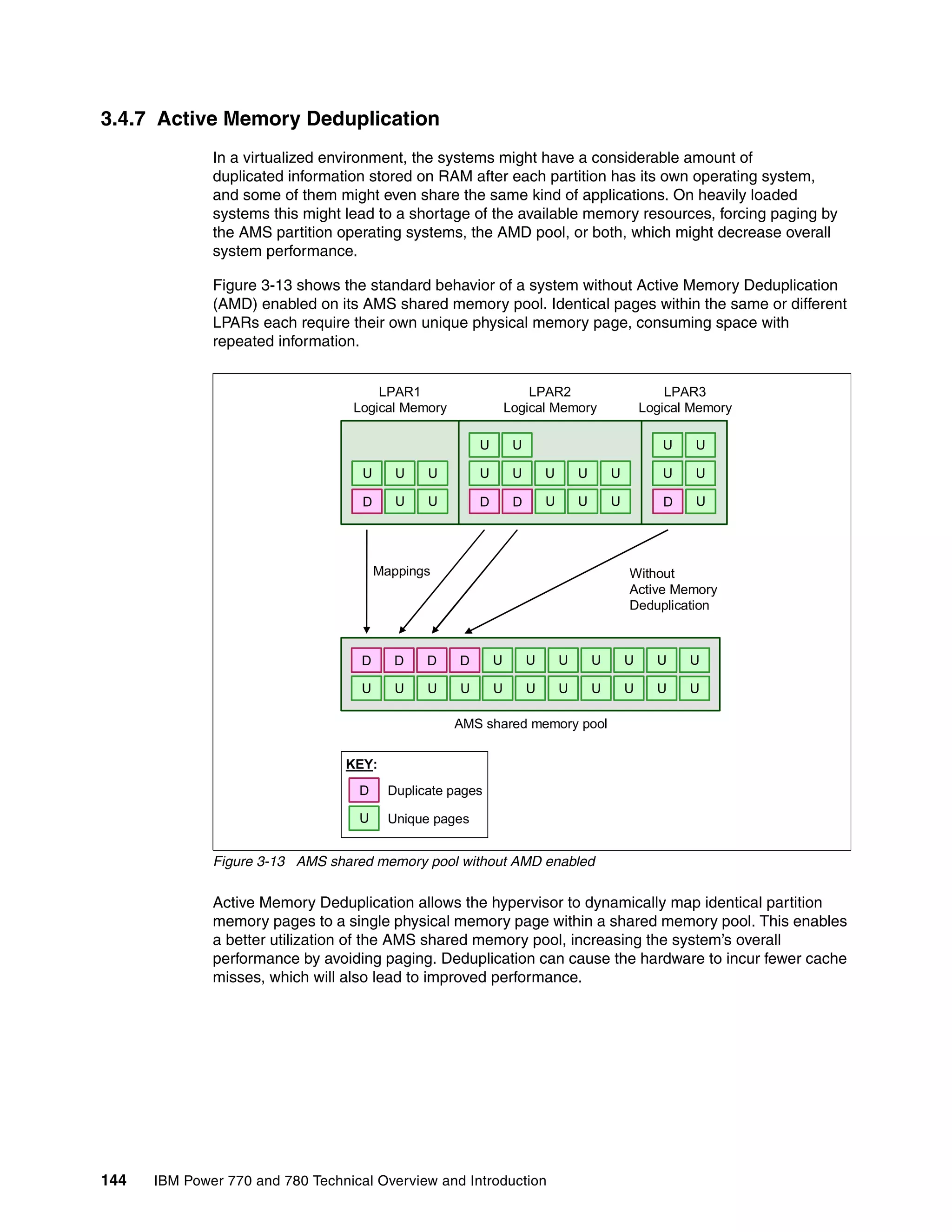 144 IBM Power 770 and 780 Technical Overview and Introduction
3.4.7 Active Memory Deduplication
In a virtualized environment, the systems might have a considerable amount of
duplicated information stored on RAM after each partition has its own operating system,
and some of them might even share the same kind of applications. On heavily loaded
systems this might lead to a shortage of the available memory resources, forcing paging by
the AMS partition operating systems, the AMD pool, or both, which might decrease overall
system performance.
Figure 3-13 shows the standard behavior of a system without Active Memory Deduplication
(AMD) enabled on its AMS shared memory pool. Identical pages within the same or different
LPARs each require their own unique physical memory page, consuming space with
repeated information.
Figure 3-13 AMS shared memory pool without AMD enabled
Active Memory Deduplication allows the hypervisor to dynamically map identical partition
memory pages to a single physical memory page within a shared memory pool. This enables
a better utilization of the AMS shared memory pool, increasing the system’s overall
performance by avoiding paging. Deduplication can cause the hardware to incur fewer cache
misses, which will also lead to improved performance.
D UD D D U U U U U U
U U U U U U U U U U U
U U U
D U U
U U U U U
D D U U U
U U
U U
D U
U U
Without
Active Memory
Deduplication
Mappings
AMS shared memory pool
LPAR1
Logical Memory
LPAR2
Logical Memory
LPAR3
Logical Memory
D
U
Duplicate pages
Unique pages
KEY:
 