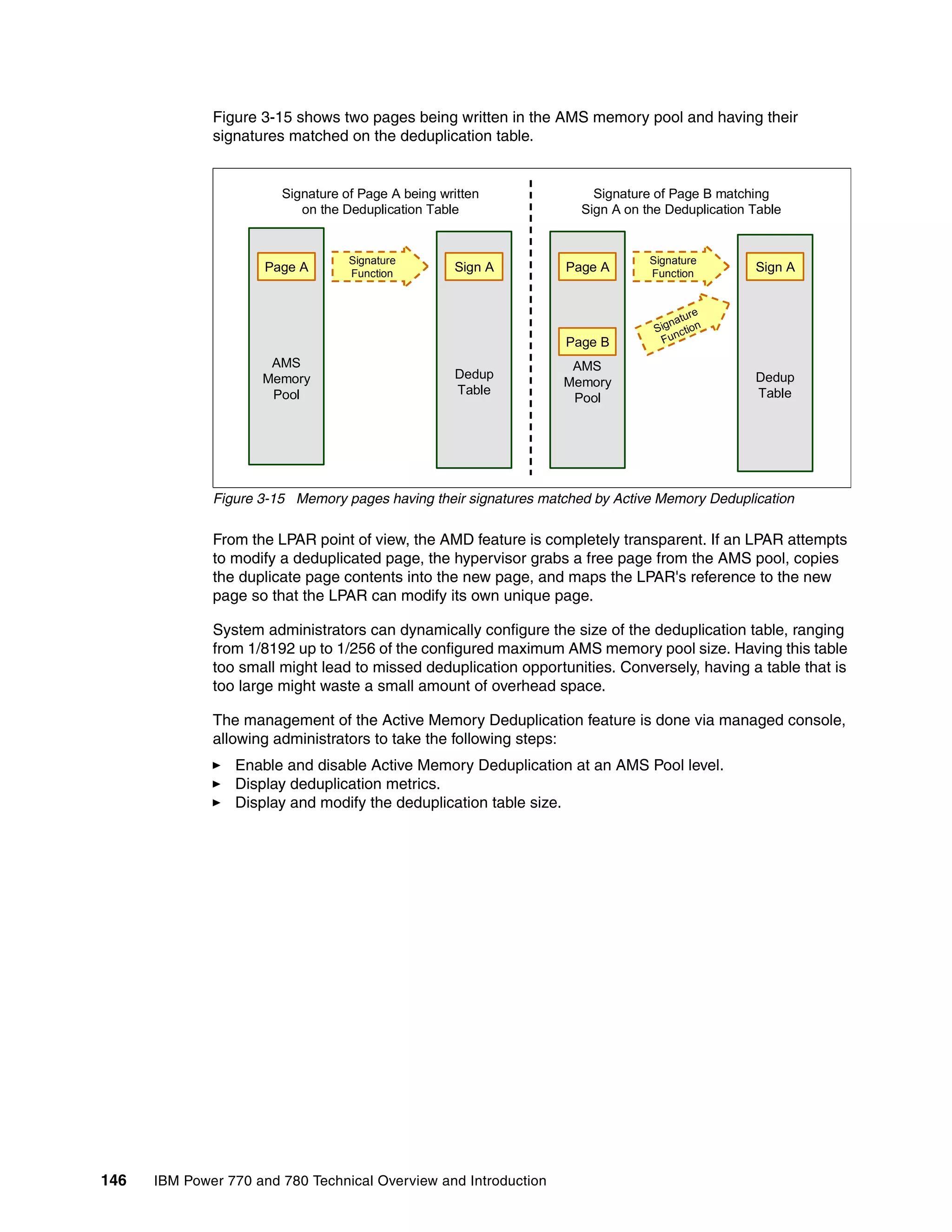 146 IBM Power 770 and 780 Technical Overview and Introduction
Figure 3-15 shows two pages being written in the AMS memory pool and having their
signatures matched on the deduplication table.
Figure 3-15 Memory pages having their signatures matched by Active Memory Deduplication
From the LPAR point of view, the AMD feature is completely transparent. If an LPAR attempts
to modify a deduplicated page, the hypervisor grabs a free page from the AMS pool, copies
the duplicate page contents into the new page, and maps the LPAR's reference to the new
page so that the LPAR can modify its own unique page.
System administrators can dynamically configure the size of the deduplication table, ranging
from 1/8192 up to 1/256 of the configured maximum AMS memory pool size. Having this table
too small might lead to missed deduplication opportunities. Conversely, having a table that is
too large might waste a small amount of overhead space.
The management of the Active Memory Deduplication feature is done via managed console,
allowing administrators to take the following steps:
Enable and disable Active Memory Deduplication at an AMS Pool level.
Display deduplication metrics.
Display and modify the deduplication table size.
AMS
Memory
Pool
Page A
Dedup
Table
Sign A
Signature
Function
AMS
Memory
Pool
Page A
Dedup
Table
Sign A
Signature
Function
Page B
Signature
Function
Signature of Page A being written
on the Deduplication Table
Signature of Page B matching
Sign A on the Deduplication Table
 