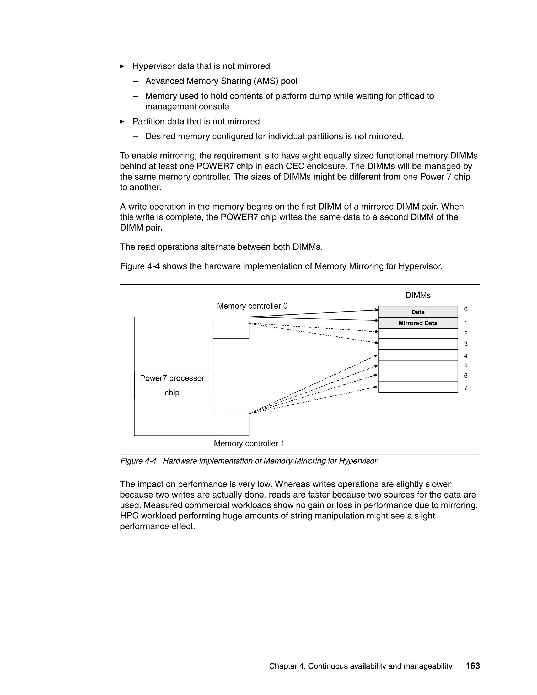 Chapter 4. Continuous availability and manageability 163
Hypervisor data that is not mirrored
– Advanced Memory Sharing (AMS) pool
– Memory used to hold contents of platform dump while waiting for offload to
management console
Partition data that is not mirrored
– Desired memory configured for individual partitions is not mirrored.
To enable mirroring, the requirement is to have eight equally sized functional memory DIMMs
behind at least one POWER7 chip in each CEC enclosure. The DIMMs will be managed by
the same memory controller. The sizes of DIMMs might be different from one Power 7 chip
to another.
A write operation in the memory begins on the first DIMM of a mirrored DIMM pair. When
this write is complete, the POWER7 chip writes the same data to a second DIMM of the
DIMM pair.
The read operations alternate between both DIMMs.
Figure 4-4 shows the hardware implementation of Memory Mirroring for Hypervisor.
Figure 4-4 Hardware implementation of Memory Mirroring for Hypervisor
The impact on performance is very low. Whereas writes operations are slightly slower
because two writes are actually done, reads are faster because two sources for the data are
used. Measured commercial workloads show no gain or loss in performance due to mirroring.
HPC workload performing huge amounts of string manipulation might see a slight
performance effect.
DIMMs
Memory controller 0
Power7 processor
chip
0
1
2
3
4
5
6
7
Mirrored Data
Data
Memory controller 1
 