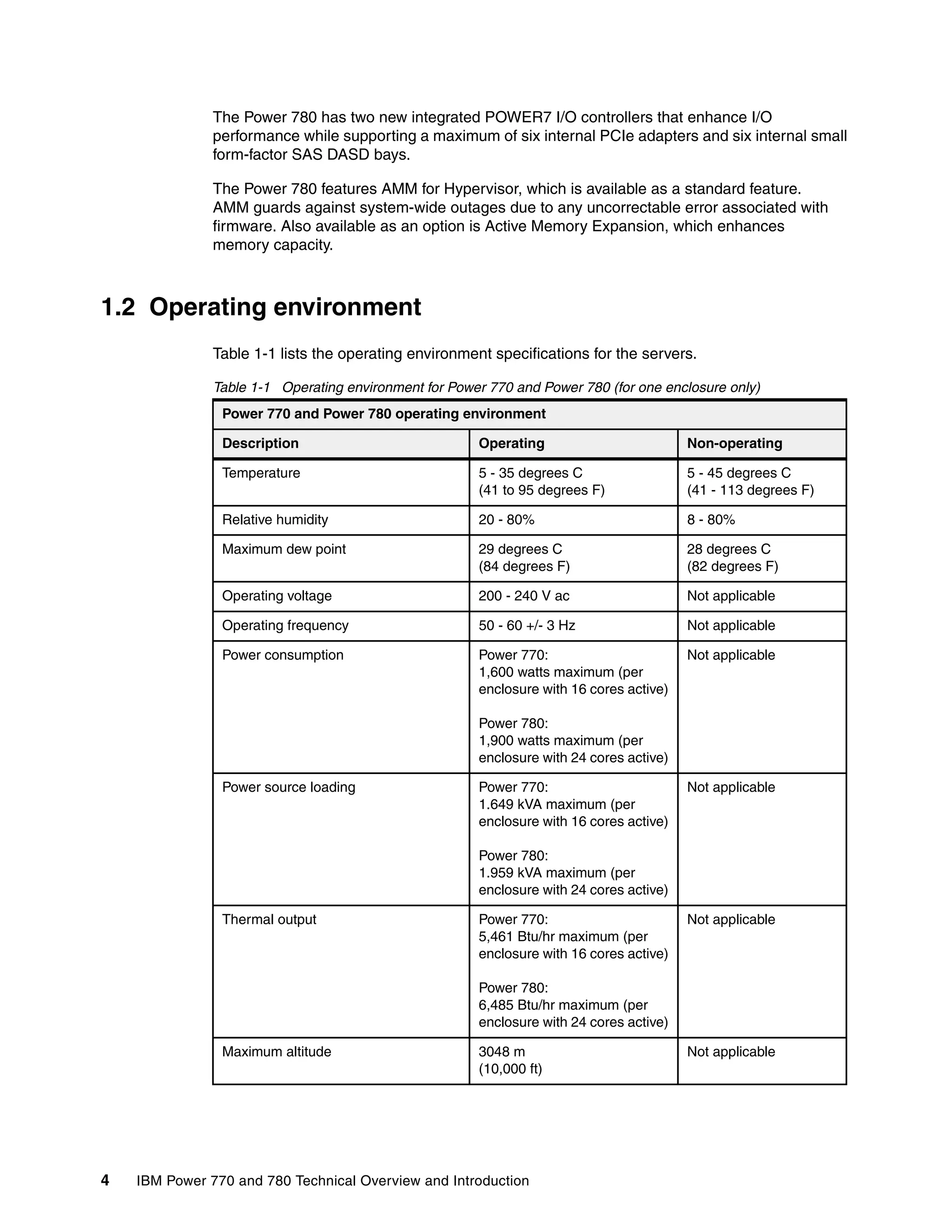 4 IBM Power 770 and 780 Technical Overview and Introduction
The Power 780 has two new integrated POWER7 I/O controllers that enhance I/O
performance while supporting a maximum of six internal PCIe adapters and six internal small
form-factor SAS DASD bays.
The Power 780 features AMM for Hypervisor, which is available as a standard feature.
AMM guards against system-wide outages due to any uncorrectable error associated with
firmware. Also available as an option is Active Memory Expansion, which enhances
memory capacity.
1.2 Operating environment
Table 1-1 lists the operating environment specifications for the servers.
Table 1-1 Operating environment for Power 770 and Power 780 (for one enclosure only)
Power 770 and Power 780 operating environment
Description Operating Non-operating
Temperature 5 - 35 degrees C
(41 to 95 degrees F)
5 - 45 degrees C
(41 - 113 degrees F)
Relative humidity 20 - 80% 8 - 80%
Maximum dew point 29 degrees C
(84 degrees F)
28 degrees C
(82 degrees F)
Operating voltage 200 - 240 V ac Not applicable
Operating frequency 50 - 60 +/- 3 Hz Not applicable
Power consumption Power 770:
1,600 watts maximum (per
enclosure with 16 cores active)
Power 780:
1,900 watts maximum (per
enclosure with 24 cores active)
Not applicable
Power source loading Power 770:
1.649 kVA maximum (per
enclosure with 16 cores active)
Power 780:
1.959 kVA maximum (per
enclosure with 24 cores active)
Not applicable
Thermal output Power 770:
5,461 Btu/hr maximum (per
enclosure with 16 cores active)
Power 780:
6,485 Btu/hr maximum (per
enclosure with 24 cores active)
Not applicable
Maximum altitude 3048 m
(10,000 ft)
Not applicable
 