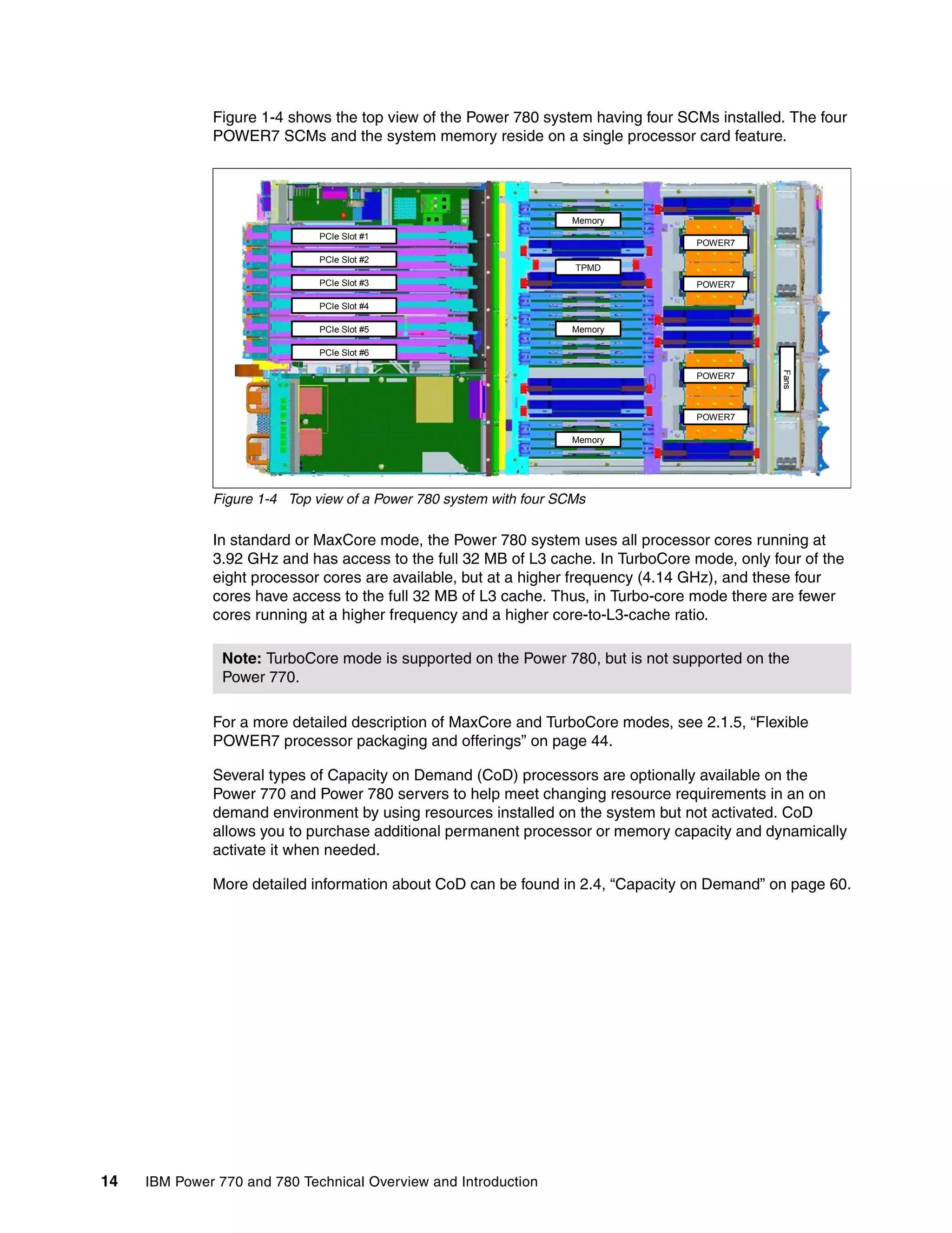 14 IBM Power 770 and 780 Technical Overview and Introduction
Figure 1-4 shows the top view of the Power 780 system having four SCMs installed. The four
POWER7 SCMs and the system memory reside on a single processor card feature.
Figure 1-4 Top view of a Power 780 system with four SCMs
In standard or MaxCore mode, the Power 780 system uses all processor cores running at
3.92 GHz and has access to the full 32 MB of L3 cache. In TurboCore mode, only four of the
eight processor cores are available, but at a higher frequency (4.14 GHz), and these four
cores have access to the full 32 MB of L3 cache. Thus, in Turbo-core mode there are fewer
cores running at a higher frequency and a higher core-to-L3-cache ratio.
For a more detailed description of MaxCore and TurboCore modes, see 2.1.5, “Flexible
POWER7 processor packaging and offerings” on page 44.
Several types of Capacity on Demand (CoD) processors are optionally available on the
Power 770 and Power 780 servers to help meet changing resource requirements in an on
demand environment by using resources installed on the system but not activated. CoD
allows you to purchase additional permanent processor or memory capacity and dynamically
activate it when needed.
More detailed information about CoD can be found in 2.4, “Capacity on Demand” on page 60.
Note: TurboCore mode is supported on the Power 780, but is not supported on the
Power 770.
POWER7
POWER7
POWER7
POWER7
Memory
Memory
Memory
TPMD
PCIe Slot #1
PCIe Slot #2
PCIe Slot #3
PCIe Slot #4
PCIe Slot #5
PCIe Slot #6
Fans
 