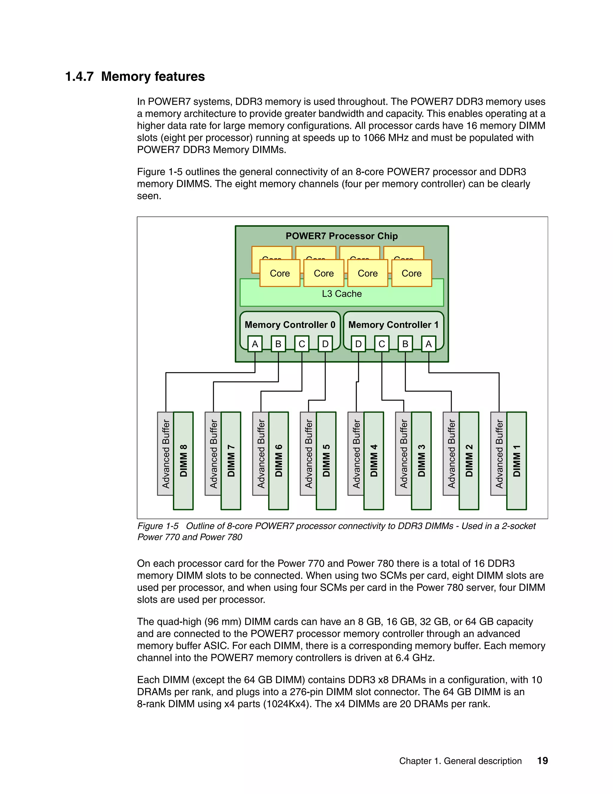 Chapter 1. General description 19
1.4.7 Memory features
In POWER7 systems, DDR3 memory is used throughout. The POWER7 DDR3 memory uses
a memory architecture to provide greater bandwidth and capacity. This enables operating at a
higher data rate for large memory configurations. All processor cards have 16 memory DIMM
slots (eight per processor) running at speeds up to 1066 MHz and must be populated with
POWER7 DDR3 Memory DIMMs.
Figure 1-5 outlines the general connectivity of an 8-core POWER7 processor and DDR3
memory DIMMS. The eight memory channels (four per memory controller) can be clearly
seen.
Figure 1-5 Outline of 8-core POWER7 processor connectivity to DDR3 DIMMs - Used in a 2-socket
Power 770 and Power 780
On each processor card for the Power 770 and Power 780 there is a total of 16 DDR3
memory DIMM slots to be connected. When using two SCMs per card, eight DIMM slots are
used per processor, and when using four SCMs per card in the Power 780 server, four DIMM
slots are used per processor.
The quad-high (96 mm) DIMM cards can have an 8 GB, 16 GB, 32 GB, or 64 GB capacity
and are connected to the POWER7 processor memory controller through an advanced
memory buffer ASIC. For each DIMM, there is a corresponding memory buffer. Each memory
channel into the POWER7 memory controllers is driven at 6.4 GHz.
Each DIMM (except the 64 GB DIMM) contains DDR3 x8 DRAMs in a configuration, with 10
DRAMs per rank, and plugs into a 276-pin DIMM slot connector. The 64 GB DIMM is an
8-rank DIMM using x4 parts (1024Kx4). The x4 DIMMs are 20 DRAMs per rank.
POWER7 Processor Chip
Memory Controller 0 Memory Controller 1
L3 Cache
Core Core Core Core
Core Core Core Core
AdvancedBuffer
DIMM5
A B C D D C B A
AdvancedBuffer
DIMM8
AdvancedBuffer
DIMM7
AdvancedBuffer
DIMM6
AdvancedBuffer
DIMM4
AdvancedBuffer
DIMM3
AdvancedBuffer
DIMM2
AdvancedBuffer
DIMM1
 