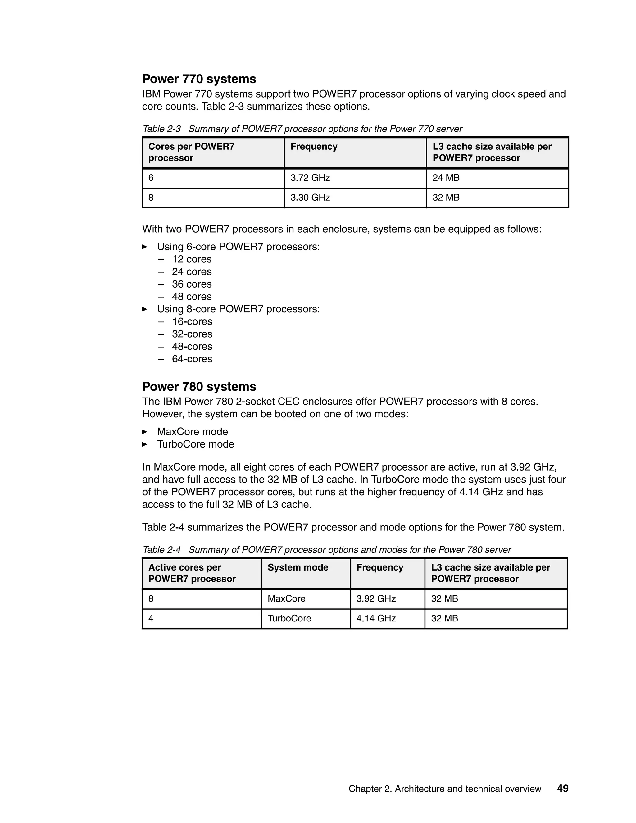Chapter 2. Architecture and technical overview 49
Power 770 systems
IBM Power 770 systems support two POWER7 processor options of varying clock speed and
core counts. Table 2-3 summarizes these options.
Table 2-3 Summary of POWER7 processor options for the Power 770 server
With two POWER7 processors in each enclosure, systems can be equipped as follows:
Using 6-core POWER7 processors:
– 12 cores
– 24 cores
– 36 cores
– 48 cores
Using 8-core POWER7 processors:
– 16-cores
– 32-cores
– 48-cores
– 64-cores
Power 780 systems
The IBM Power 780 2-socket CEC enclosures offer POWER7 processors with 8 cores.
However, the system can be booted on one of two modes:
MaxCore mode
TurboCore mode
In MaxCore mode, all eight cores of each POWER7 processor are active, run at 3.92 GHz,
and have full access to the 32 MB of L3 cache. In TurboCore mode the system uses just four
of the POWER7 processor cores, but runs at the higher frequency of 4.14 GHz and has
access to the full 32 MB of L3 cache.
Table 2-4 summarizes the POWER7 processor and mode options for the Power 780 system.
Table 2-4 Summary of POWER7 processor options and modes for the Power 780 server
Cores per POWER7
processor
Frequency L3 cache size available per
POWER7 processor
6 3.72 GHz 24 MB
8 3.30 GHz 32 MB
Active cores per
POWER7 processor
System mode Frequency L3 cache size available per
POWER7 processor
8 MaxCore 3.92 GHz 32 MB
4 TurboCore 4.14 GHz 32 MB
 