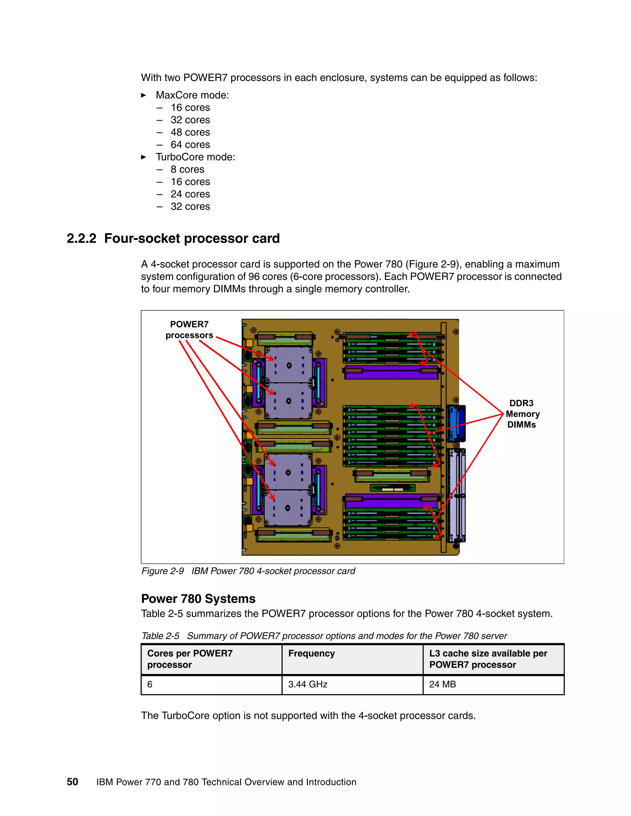 50 IBM Power 770 and 780 Technical Overview and Introduction
With two POWER7 processors in each enclosure, systems can be equipped as follows:
MaxCore mode:
– 16 cores
– 32 cores
– 48 cores
– 64 cores
TurboCore mode:
– 8 cores
– 16 cores
– 24 cores
– 32 cores
2.2.2 Four-socket processor card
A 4-socket processor card is supported on the Power 780 (Figure 2-9), enabling a maximum
system configuration of 96 cores (6-core processors). Each POWER7 processor is connected
to four memory DIMMs through a single memory controller.
Figure 2-9 IBM Power 780 4-socket processor card
Power 780 Systems
Table 2-5 summarizes the POWER7 processor options for the Power 780 4-socket system.
Table 2-5 Summary of POWER7 processor options and modes for the Power 780 server
The TurboCore option is not supported with the 4-socket processor cards.
Cores per POWER7
processor
Frequency L3 cache size available per
POWER7 processor
6 3.44 GHz 24 MB
POWER7
processors
DDR3
Memory
DIMMs
 