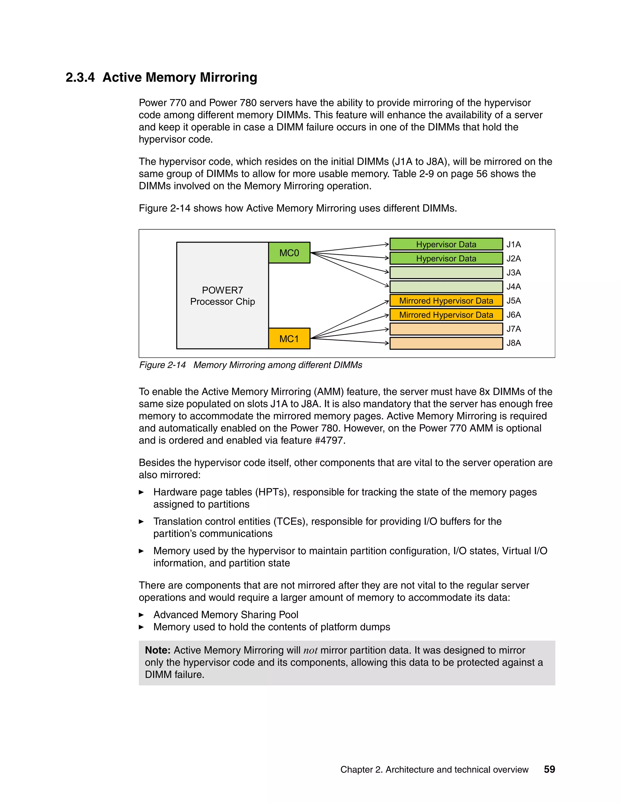 Chapter 2. Architecture and technical overview 59
2.3.4 Active Memory Mirroring
Power 770 and Power 780 servers have the ability to provide mirroring of the hypervisor
code among different memory DIMMs. This feature will enhance the availability of a server
and keep it operable in case a DIMM failure occurs in one of the DIMMs that hold the
hypervisor code.
The hypervisor code, which resides on the initial DIMMs (J1A to J8A), will be mirrored on the
same group of DIMMs to allow for more usable memory. Table 2-9 on page 56 shows the
DIMMs involved on the Memory Mirroring operation.
Figure 2-14 shows how Active Memory Mirroring uses different DIMMs.
Figure 2-14 Memory Mirroring among different DIMMs
To enable the Active Memory Mirroring (AMM) feature, the server must have 8x DIMMs of the
same size populated on slots J1A to J8A. It is also mandatory that the server has enough free
memory to accommodate the mirrored memory pages. Active Memory Mirroring is required
and automatically enabled on the Power 780. However, on the Power 770 AMM is optional
and is ordered and enabled via feature #4797.
Besides the hypervisor code itself, other components that are vital to the server operation are
also mirrored:
Hardware page tables (HPTs), responsible for tracking the state of the memory pages
assigned to partitions
Translation control entities (TCEs), responsible for providing I/O buffers for the
partition’s communications
Memory used by the hypervisor to maintain partition configuration, I/O states, Virtual I/O
information, and partition state
There are components that are not mirrored after they are not vital to the regular server
operations and would require a larger amount of memory to accommodate its data:
Advanced Memory Sharing Pool
Memory used to hold the contents of platform dumps
Note: Active Memory Mirroring will not mirror partition data. It was designed to mirror
only the hypervisor code and its components, allowing this data to be protected against a
DIMM failure.
POWER7
Processor Chip
MC0
MC1
Hypervisor Data J1A
Hypervisor Data J2A
J3A
J4A
Mirrored Hypervisor Data J5A
Mirrored Hypervisor Data J6A
J7A
J8A
 