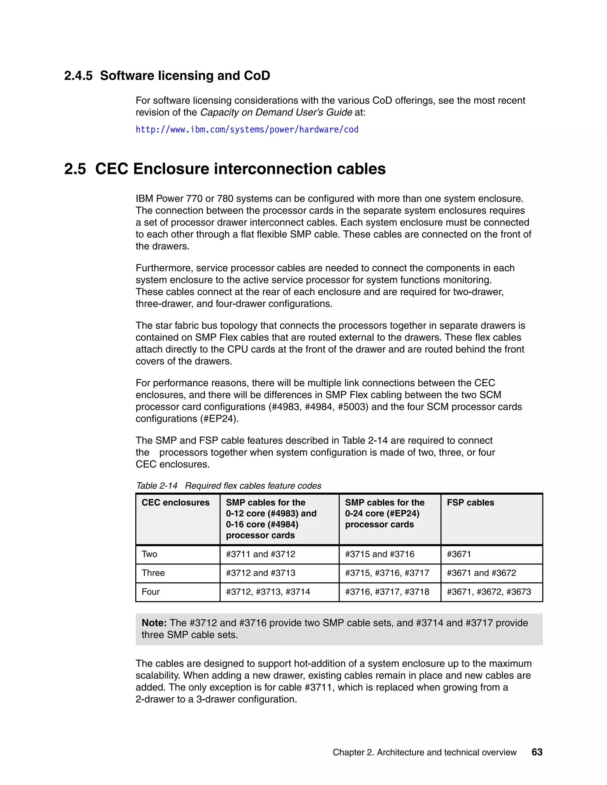 Chapter 2. Architecture and technical overview 63
2.4.5 Software licensing and CoD
For software licensing considerations with the various CoD offerings, see the most recent
revision of the Capacity on Demand User’s Guide at:
http://www.ibm.com/systems/power/hardware/cod
2.5 CEC Enclosure interconnection cables
IBM Power 770 or 780 systems can be configured with more than one system enclosure.
The connection between the processor cards in the separate system enclosures requires
a set of processor drawer interconnect cables. Each system enclosure must be connected
to each other through a flat flexible SMP cable. These cables are connected on the front of
the drawers.
Furthermore, service processor cables are needed to connect the components in each
system enclosure to the active service processor for system functions monitoring.
These cables connect at the rear of each enclosure and are required for two-drawer,
three-drawer, and four-drawer configurations.
The star fabric bus topology that connects the processors together in separate drawers is
contained on SMP Flex cables that are routed external to the drawers. These flex cables
attach directly to the CPU cards at the front of the drawer and are routed behind the front
covers of the drawers.
For performance reasons, there will be multiple link connections between the CEC
enclosures, and there will be differences in SMP Flex cabling between the two SCM
processor card configurations (#4983, #4984, #5003) and the four SCM processor cards
configurations (#EP24).
The SMP and FSP cable features described in Table 2-14 are required to connect
the processors together when system configuration is made of two, three, or four
CEC enclosures.
Table 2-14 Required flex cables feature codes
The cables are designed to support hot-addition of a system enclosure up to the maximum
scalability. When adding a new drawer, existing cables remain in place and new cables are
added. The only exception is for cable #3711, which is replaced when growing from a
2-drawer to a 3-drawer configuration.
CEC enclosures SMP cables for the
0-12 core (#4983) and
0-16 core (#4984)
processor cards
SMP cables for the
0-24 core (#EP24)
processor cards
FSP cables
Two #3711 and #3712 #3715 and #3716 #3671
Three #3712 and #3713 #3715, #3716, #3717 #3671 and #3672
Four #3712, #3713, #3714 #3716, #3717, #3718 #3671, #3672, #3673
Note: The #3712 and #3716 provide two SMP cable sets, and #3714 and #3717 provide
three SMP cable sets.
 
