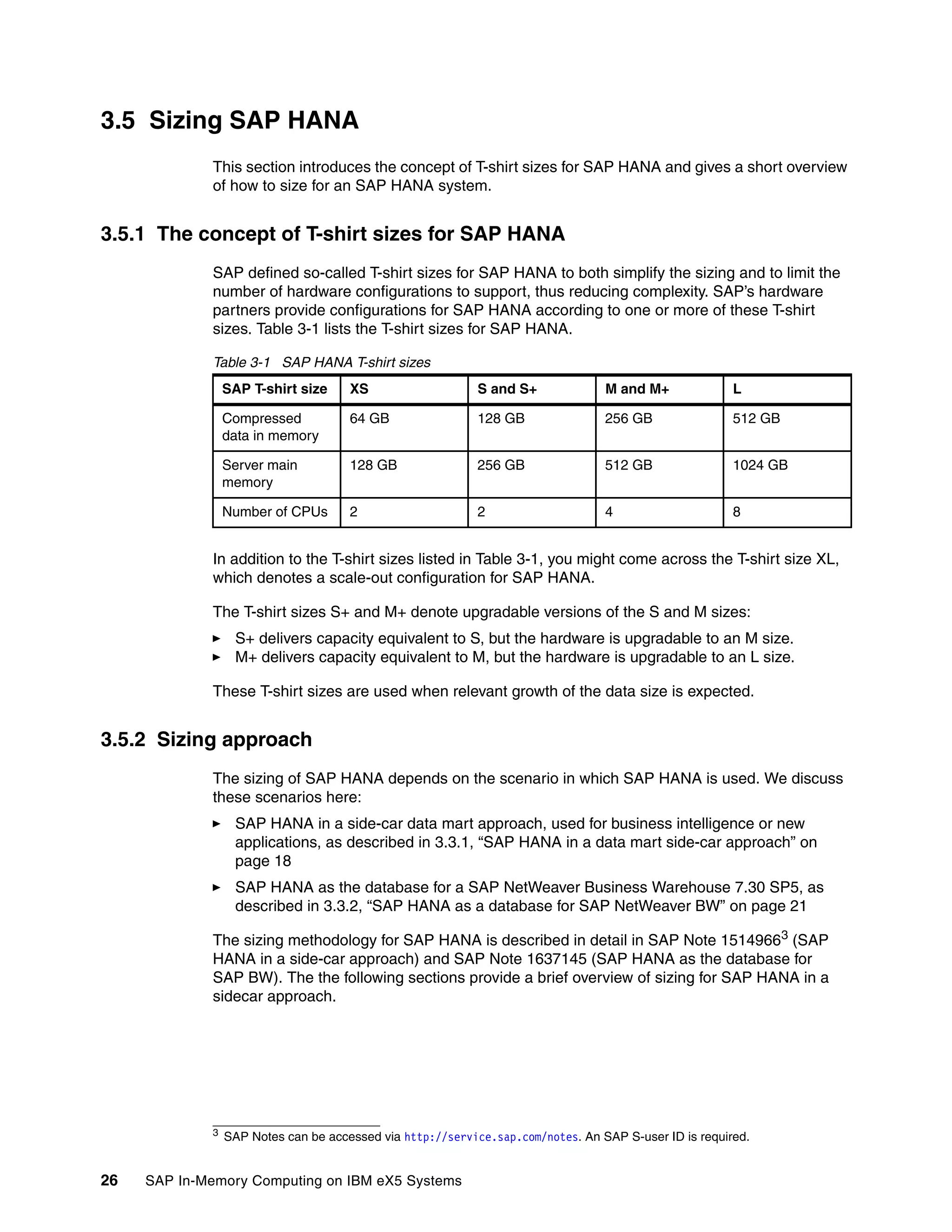 26 SAP In-Memory Computing on IBM eX5 Systems
3.5 Sizing SAP HANA
This section introduces the concept of T-shirt sizes for SAP HANA and gives a short overview
of how to size for an SAP HANA system.
3.5.1 The concept of T-shirt sizes for SAP HANA
SAP defined so-called T-shirt sizes for SAP HANA to both simplify the sizing and to limit the
number of hardware configurations to support, thus reducing complexity. SAP’s hardware
partners provide configurations for SAP HANA according to one or more of these T-shirt
sizes. Table 3-1 lists the T-shirt sizes for SAP HANA.
Table 3-1 SAP HANA T-shirt sizes
In addition to the T-shirt sizes listed in Table 3-1, you might come across the T-shirt size XL,
which denotes a scale-out configuration for SAP HANA.
The T-shirt sizes S+ and M+ denote upgradable versions of the S and M sizes:
򐂰 S+ delivers capacity equivalent to S, but the hardware is upgradable to an M size.
򐂰 M+ delivers capacity equivalent to M, but the hardware is upgradable to an L size.
These T-shirt sizes are used when relevant growth of the data size is expected.
3.5.2 Sizing approach
The sizing of SAP HANA depends on the scenario in which SAP HANA is used. We discuss
these scenarios here:
򐂰 SAP HANA in a side-car data mart approach, used for business intelligence or new
applications, as described in 3.3.1, “SAP HANA in a data mart side-car approach” on
page 18
򐂰 SAP HANA as the database for a SAP NetWeaver Business Warehouse 7.30 SP5, as
described in 3.3.2, “SAP HANA as a database for SAP NetWeaver BW” on page 21
The sizing methodology for SAP HANA is described in detail in SAP Note 15149663
(SAP
HANA in a side-car approach) and SAP Note 1637145 (SAP HANA as the database for
SAP BW). The the following sections provide a brief overview of sizing for SAP HANA in a
sidecar approach.
SAP T-shirt size XS S and S+ M and M+ L
Compressed
data in memory
64 GB 128 GB 256 GB 512 GB
Server main
memory
128 GB 256 GB 512 GB 1024 GB
Number of CPUs 2 2 4 8
3 SAP Notes can be accessed via http://service.sap.com/notes. An SAP S-user ID is required.
 
