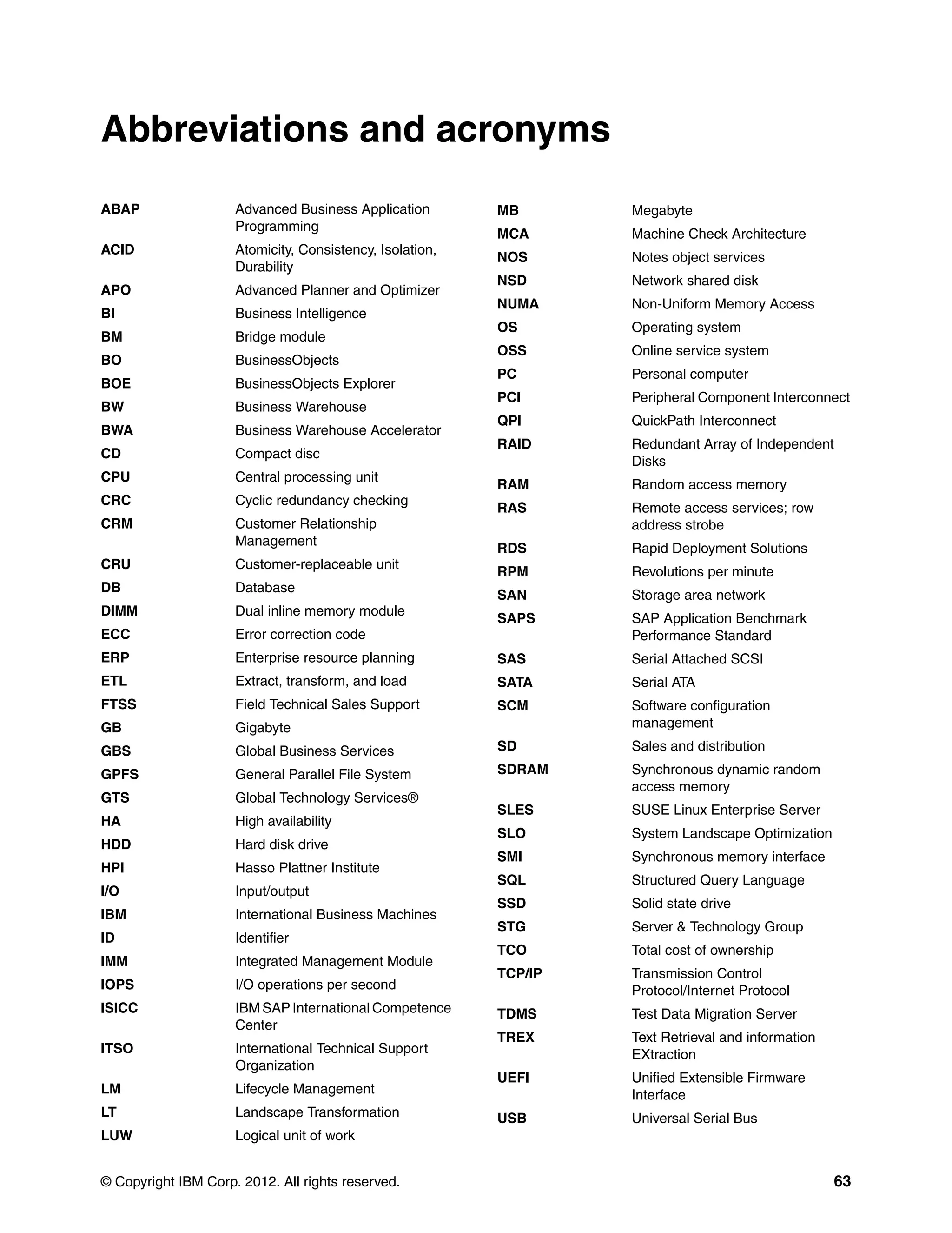 © Copyright IBM Corp. 2012. All rights reserved. 63
ABAP Advanced Business Application
Programming
ACID Atomicity, Consistency, Isolation,
Durability
APO Advanced Planner and Optimizer
BI Business Intelligence
BM Bridge module
BO BusinessObjects
BOE BusinessObjects Explorer
BW Business Warehouse
BWA Business Warehouse Accelerator
CD Compact disc
CPU Central processing unit
CRC Cyclic redundancy checking
CRM Customer Relationship
Management
CRU Customer-replaceable unit
DB Database
DIMM Dual inline memory module
ECC Error correction code
ERP Enterprise resource planning
ETL Extract, transform, and load
FTSS Field Technical Sales Support
GB Gigabyte
GBS Global Business Services
GPFS General Parallel File System
GTS Global Technology Services®
HA High availability
HDD Hard disk drive
HPI Hasso Plattner Institute
I/O Input/output
IBM International Business Machines
ID Identifier
IMM Integrated Management Module
IOPS I/O operations per second
ISICC IBM SAP International Competence
Center
ITSO International Technical Support
Organization
LM Lifecycle Management
LT Landscape Transformation
LUW Logical unit of work
Abbreviations and acronyms
MB Megabyte
MCA Machine Check Architecture
NOS Notes object services
NSD Network shared disk
NUMA Non-Uniform Memory Access
OS Operating system
OSS Online service system
PC Personal computer
PCI Peripheral Component Interconnect
QPI QuickPath Interconnect
RAID Redundant Array of Independent
Disks
RAM Random access memory
RAS Remote access services; row
address strobe
RDS Rapid Deployment Solutions
RPM Revolutions per minute
SAN Storage area network
SAPS SAP Application Benchmark
Performance Standard
SAS Serial Attached SCSI
SATA Serial ATA
SCM Software configuration
management
SD Sales and distribution
SDRAM Synchronous dynamic random
access memory
SLES SUSE Linux Enterprise Server
SLO System Landscape Optimization
SMI Synchronous memory interface
SQL Structured Query Language
SSD Solid state drive
STG Server & Technology Group
TCO Total cost of ownership
TCP/IP Transmission Control
Protocol/Internet Protocol
TDMS Test Data Migration Server
TREX Text Retrieval and information
EXtraction
UEFI Unified Extensible Firmware
Interface
USB Universal Serial Bus
 