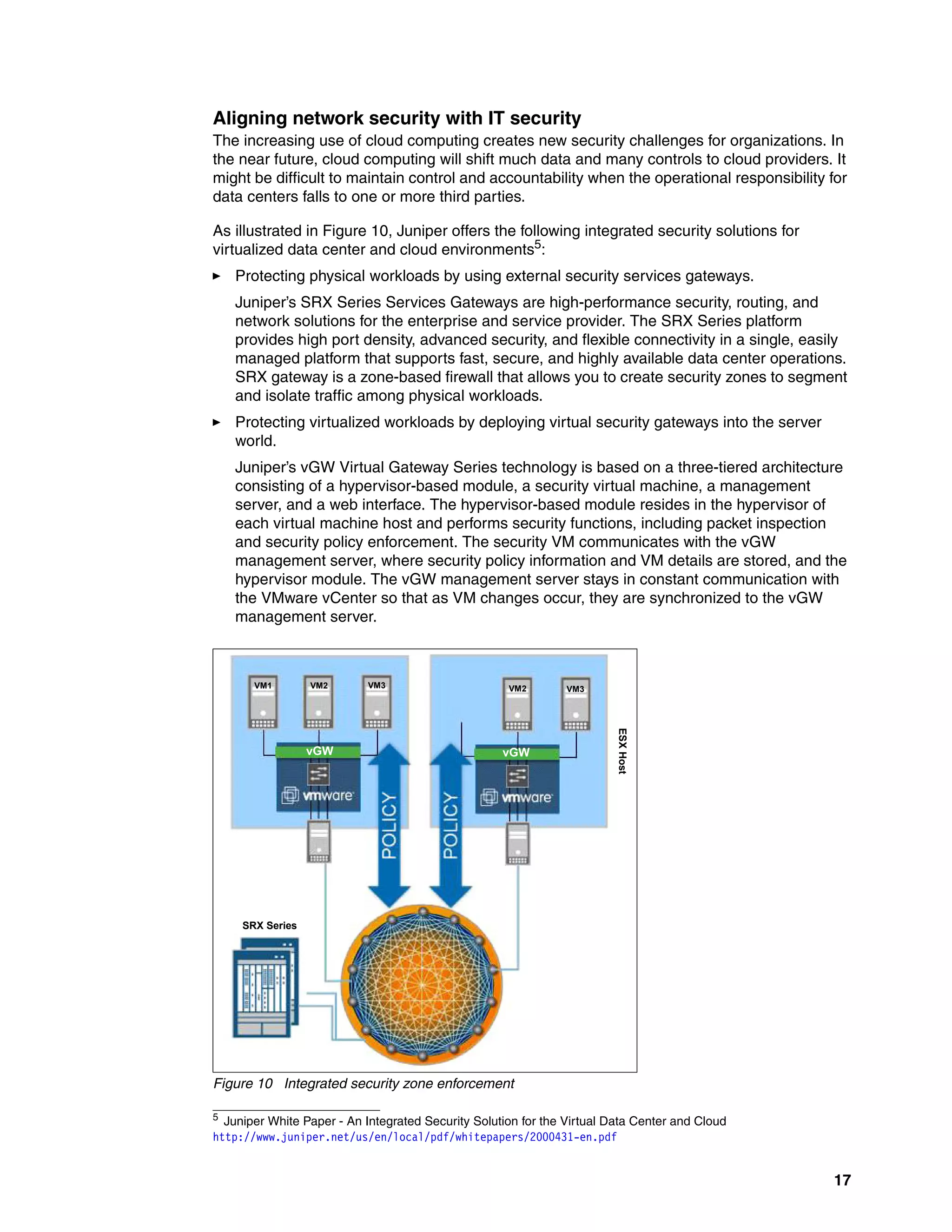 17
Aligning network security with IT security
The increasing use of cloud computing creates new security challenges for organizations. In
the near future, cloud computing will shift much data and many controls to cloud providers. It
might be difficult to maintain control and accountability when the operational responsibility for
data centers falls to one or more third parties.
As illustrated in Figure 10, Juniper offers the following integrated security solutions for
virtualized data center and cloud environments5
:
򐂰 Protecting physical workloads by using external security services gateways.
Juniper’s SRX Series Services Gateways are high-performance security, routing, and
network solutions for the enterprise and service provider. The SRX Series platform
provides high port density, advanced security, and flexible connectivity in a single, easily
managed platform that supports fast, secure, and highly available data center operations.
SRX gateway is a zone-based firewall that allows you to create security zones to segment
and isolate traffic among physical workloads.
򐂰 Protecting virtualized workloads by deploying virtual security gateways into the server
world.
Juniper’s vGW Virtual Gateway Series technology is based on a three-tiered architecture
consisting of a hypervisor-based module, a security virtual machine, a management
server, and a web interface. The hypervisor-based module resides in the hypervisor of
each virtual machine host and performs security functions, including packet inspection
and security policy enforcement. The security VM communicates with the vGW
management server, where security policy information and VM details are stored, and the
hypervisor module. The vGW management server stays in constant communication with
the VMware vCenter so that as VM changes occur, they are synchronized to the vGW
management server.
Figure 10 Integrated security zone enforcement
5
Juniper White Paper - An Integrated Security Solution for the Virtual Data Center and Cloud
http://www.juniper.net/us/en/local/pdf/whitepapers/2000431-en.pdf
VM1 VM2 VM3 VM2
vGW
VM3
SRX Series
vGW
ESX
Host
 