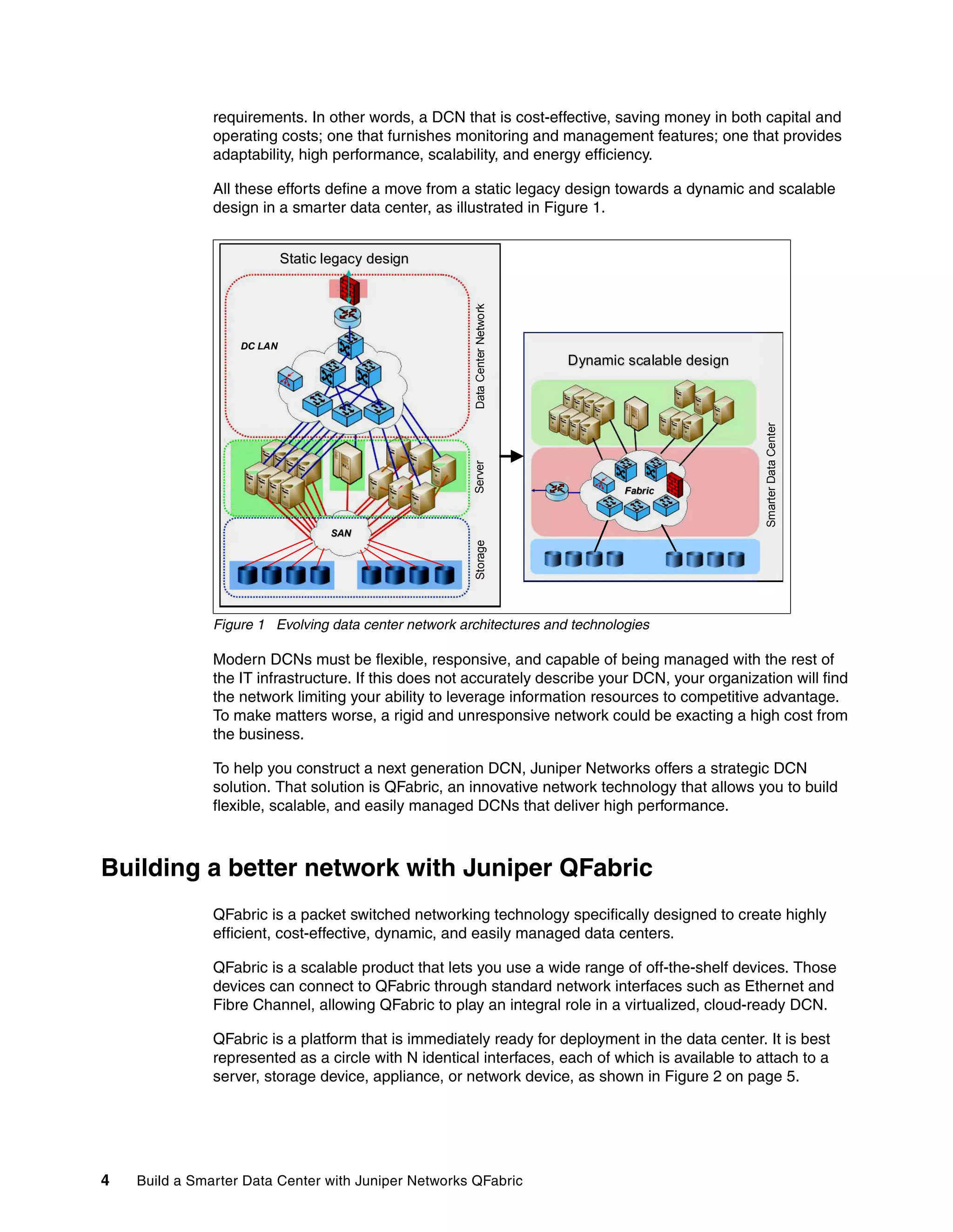 4 Build a Smarter Data Center with Juniper Networks QFabric
requirements. In other words, a DCN that is cost-effective, saving money in both capital and
operating costs; one that furnishes monitoring and management features; one that provides
adaptability, high performance, scalability, and energy efficiency.
All these efforts define a move from a static legacy design towards a dynamic and scalable
design in a smarter data center, as illustrated in Figure 1.
Figure 1 Evolving data center network architectures and technologies
Modern DCNs must be flexible, responsive, and capable of being managed with the rest of
the IT infrastructure. If this does not accurately describe your DCN, your organization will find
the network limiting your ability to leverage information resources to competitive advantage.
To make matters worse, a rigid and unresponsive network could be exacting a high cost from
the business.
To help you construct a next generation DCN, Juniper Networks offers a strategic DCN
solution. That solution is QFabric, an innovative network technology that allows you to build
flexible, scalable, and easily managed DCNs that deliver high performance.
Building a better network with Juniper QFabric
QFabric is a packet switched networking technology specifically designed to create highly
efficient, cost-effective, dynamic, and easily managed data centers.
QFabric is a scalable product that lets you use a wide range of off-the-shelf devices. Those
devices can connect to QFabric through standard network interfaces such as Ethernet and
Fibre Channel, allowing QFabric to play an integral role in a virtualized, cloud-ready DCN.
QFabric is a platform that is immediately ready for deployment in the data center. It is best
represented as a circle with N identical interfaces, each of which is available to attach to a
server, storage device, appliance, or network device, as shown in Figure 2 on page 5.
SAN
SAN
DC LAN
DC LAN
Data
Center
Network
Server
Storage
Smarter
Data
Center
Dynamic scalable design
Dynamic scalable design
Fabric
Fabric
Static legacy design
Static legacy design
SAN
SAN
DC LAN
DC LAN
Data
Center
Network
Server
Storage
Smarter
Data
Center
Dynamic scalable design
Dynamic scalable design
Fabric
Fabric
Static legacy design
Static legacy design
 