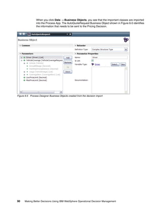 90 Making Better Decisions Using IBM WebSphere Operational Decision Management
When you click Data  Business Objects, you see that the important classes are imported
into the Process App. The AutoQuoteRequest Business Object shown in Figure 6-5 identifies
the information that needs to be sent to the Pricing Decision.
Figure 6-5 Process Designer Business Objects created from the decision import
 