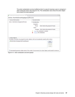 Chapter 6. Business process design with rules and events 97
The action verbalization can be modified so that it is easy for business users to recognize it
when writing the event rules (Figure 6-15). This verbalization also shows the action object
that contains the event payload.
Figure 6-15 Action verbalization and event payload
 