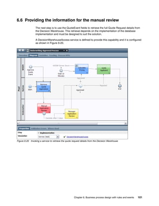 Chapter 6. Business process design with rules and events 101
6.6 Providing the information for the manual review
The next step is to use the QuoteEvent fields to retrieve the full Quote Request details from
the Decision Warehouse. This retrieval depends on the implementation of the database
implementation and must be designed to suit the solution.
A DecisionWarehouseAccess service is defined to provide this capability and it is configured
as shown in Figure 6-20.
Figure 6-20 Invoking a service to retrieve the quote request details from the Decision Warehouse
 