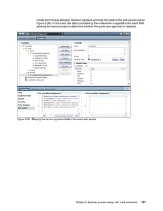 Chapter 6. Business process design with rules and events 107
Create the Process Designer decision signature and map the fields to the web service call (in
Figure 6-30). In this case, the status provided by the underwriter is applied to the event field,
allowing the event process to determine whether the quote was approved or rejected.
Figure 6-30 Mapping the service signature fields to the event web service
 