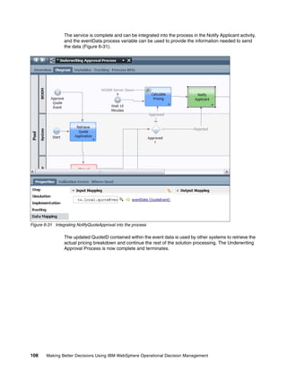 108 Making Better Decisions Using IBM WebSphere Operational Decision Management
The service is complete and can be integrated into the process in the Notify Applicant activity,
and the eventData process variable can be used to provide the information needed to send
the data (Figure 6-31).
Figure 6-31 Integrating NofifyQuoteApproval into the process
The updated QuoteID contained within the event data is used by other systems to retrieve the
actual pricing breakdown and continue the rest of the solution processing. The Underwriting
Approval Process is now complete and terminates.
 