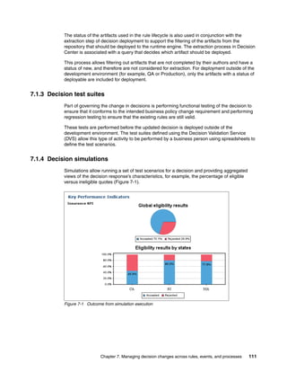 Chapter 7. Managing decision changes across rules, events, and processes 111
The status of the artifacts used in the rule lifecycle is also used in conjunction with the
extraction step of decision deployment to support the filtering of the artifacts from the
repository that should be deployed to the runtime engine. The extraction process in Decision
Center is associated with a query that decides which artifact should be deployed.
This process allows filtering out artifacts that are not completed by their authors and have a
status of new, and therefore are not considered for extraction. For deployment outside of the
development environment (for example, QA or Production), only the artifacts with a status of
deployable are included for deployment.
7.1.3 Decision test suites
Part of governing the change in decisions is performing functional testing of the decision to
ensure that it conforms to the intended business policy change requirement and performing
regression testing to ensure that the existing rules are still valid.
These tests are performed before the updated decision is deployed outside of the
development environment. The test suites defined using the Decision Validation Service
(DVS) allow this type of activity to be performed by a business person using spreadsheets to
define the test scenarios.
7.1.4 Decision simulations
Simulations allow running a set of test scenarios for a decision and providing aggregated
views of the decision response’s characteristics, for example, the percentage of eligible
versus ineligible quotes (Figure 7-1).
Figure 7-1 Outcome from simulation execution
 